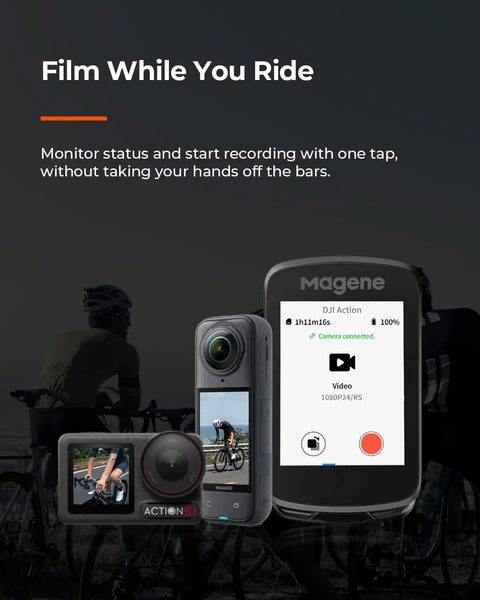 2.8 Inch Color GPS Bike Computer with ClimbPro Multi-Scenario shown with cameras, cyclists in background