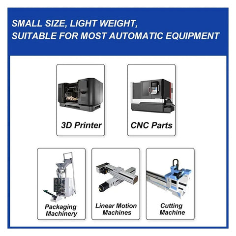 Images of 3D printer, CNC parts, packaging machinery, linear motion machines, and cutting machine illustrating various equipment uses.