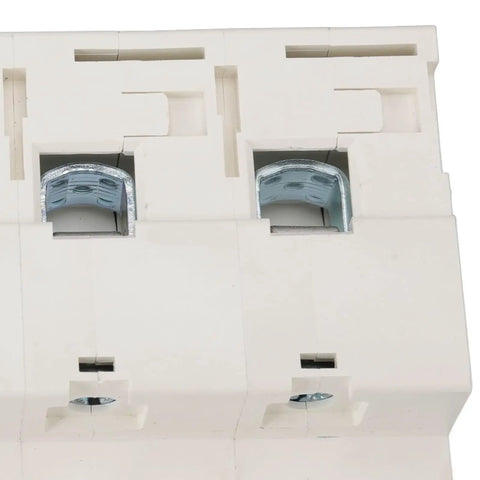 Close-up of a 3 Pole DIN Rail Mount Circuit Breaker 100A 400V with Automatic Shutdown and Rapid Arc Extinction for Home Marine and Solar.