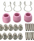 Essential Pl60 Plasma Cutter Torch Consumables Kit with nozzles and cups, ceramic and steel components for precise spark control.