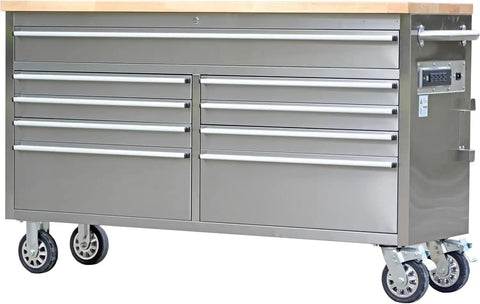 61 Inch Nine Drawer Rolling Tool Chest With Locking System Mobile Tool Storage Cabinet Heavy Duty Steel Construction Solid Wood Top