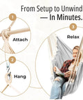 Chill Out In A Cozy Full Body Hammock Chair With Foot Rest For Indoor Outdoor Relaxation; setup steps: attach, hang, relax