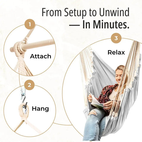 Chill Out In A Cozy Full Body Hammock Chair With Foot Rest For Indoor Outdoor Relaxation; setup steps: attach, hang, relax