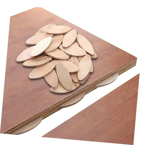 100 Pcs Wood Joining Biscuits Beech Wood Board Connection Kit with biscuits on wooden boards for strong joints