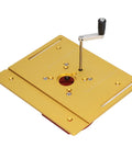 Killer Manual Router Lift Kit For Router Tables Rock Solid Aluminum Build Heavy Duty Lifter view of gold aluminum lift plate with height control.
