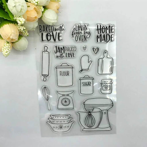 Silicone Clear Stamp And Die Set For Card Making And Diy Embossing Projects with baking-themed designs and kitchen tools.