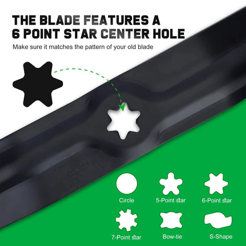 Image showing 6-point star center hole on mower blade, part of Mower Blades For Cub Cadet 50 Inch Deck Zero Turn Riding Tractor LT1050 LTX1050 RZT50 942 04053C Type 1.