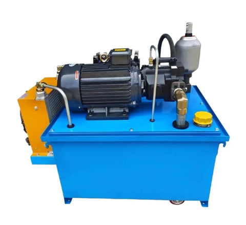 Shop Floor Tough Double Acting Hydraulic Power Pack With Electric Motor System For Crushing Heavy Loads And Reliable High Pressure Output On Any Job Site, side view of blue hydraulic power pack with electric motor.