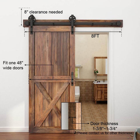 Beefy Adjustable 5 To 16Ft Wood Sliding Barn Door Hardware Kit with 8Ft Basic Black Flat Track System installed in home setting