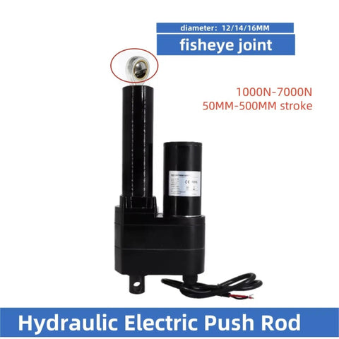 Energy Saving 24V DC Electric Linear Actuator Packs Smooth Push Rod Force With 550Mm Stroke And Consistent 12Mm Speed, showing hydraulic electric push rod with fisheye joint.