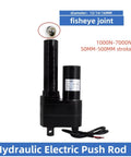 Rock Solid 7000N Electric Hydraulic Linear Actuator With 200 Mm Stroke And 6 Mm Per Second Speed Smooth Operator Elevator Lift Motor 24 Vdc side view showing fisheye joint and electric motor.