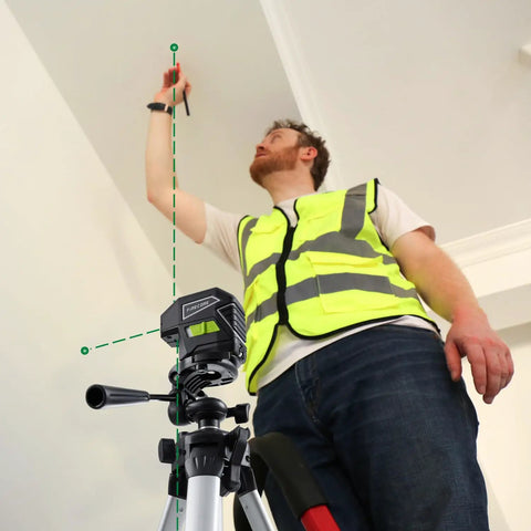 Three Dot Green Beam Laser Level With Self Leveling Plumb Up And Down Magnetic Base 131 Foot Range Includes 2 AA Batteries And Carry Pouch, man aligning ceiling