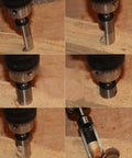 Top Shelf Eight Piece Wood Plug Cutter Drill Bit Set High Carbon Steel Tapered Chamfered Tenon Hole Saw cutting into wood.