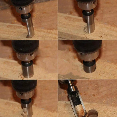Top Shelf Eight Piece Wood Plug Cutter Drill Bit Set High Carbon Steel Tapered Chamfered Tenon Hole Saw cutting into wood.