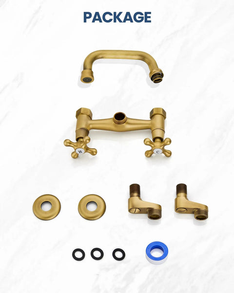 Package contents of Wall Mount Kitchen Faucet with 6 Inch Spout Dual Handles Hot And Cold Water Mixer Tap Antique Brass Finish