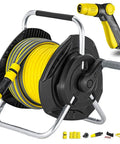 Rock Solid Hose Reel Cart Loaded With 25M Garden Pipe And High Pressure Spray Gun and wall mounted storage rack, heavy duty with yellow hose.