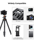 Travel Ready 63 Inch Aluminum Camera Tripod With Phone Holder, shown with camera and phone holder, compatible devices.