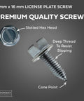 Close-up of slotted hex head license plate screw showing deep thread and cone point, metric 6mm x 16mm for vehicles.