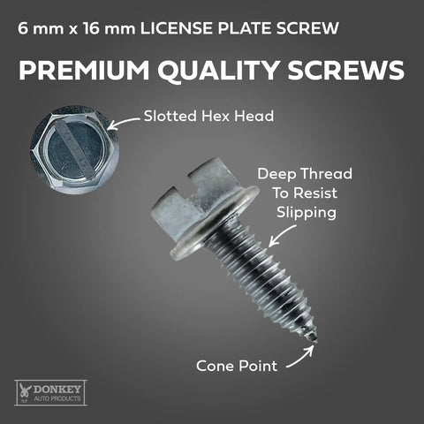 Close-up of slotted hex head license plate screw showing deep thread and cone point, metric 6mm x 16mm for vehicles.
