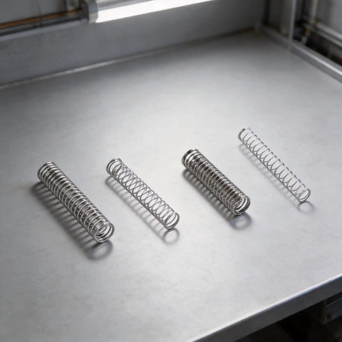 Top Notch 304 Stainless Steel Compression Springs Assortment Kit With 300 Small Mechanical Coils In 23 Sizes Perfect For DIY Projects And Mini Repair Work Comes With Storage Box For Easy Organization and Quick Access to All Your Essential Tools. 304 stainless steel springs in four sizes on a metal surface