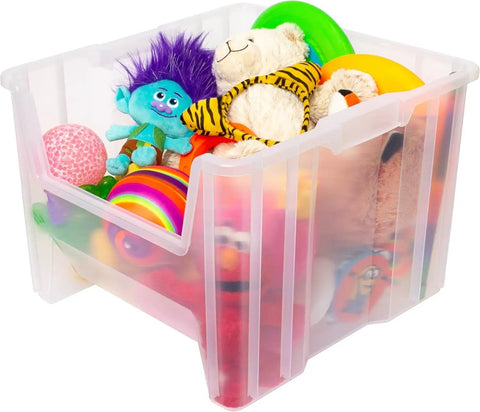Stak-N-Store Stackable Storage Bins 2-Pack Heavy Duty Open Front Plastic Organizer with toys, clear 17.5x16.5x12.5 inches