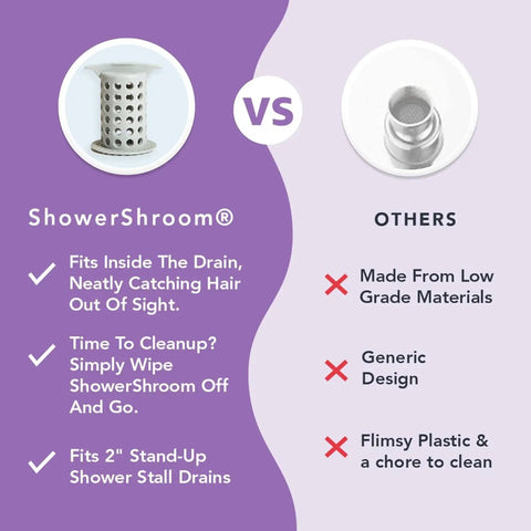 Comparison image of ShowerShroom® versus others for a 2 inch stand-up shower drain protector hair catcher strainer.