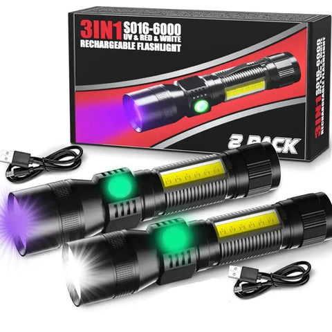 Rechargeable UV Black Light Flashlight 3in1 Tactical LED With Red Light 2000 Lumens 7 Modes Zoomable Waterproof Pocket Flashlight Set