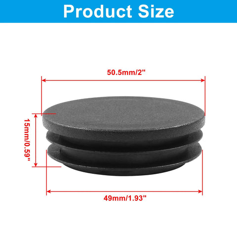 Primer plano de un paquete de 4 tapones Inch de plástico de 5 Inch con tapas negras para tubos redondos, con detalles de las medidas.