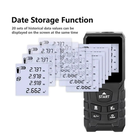 70/100M Laser Distance Meter Rangefinder Handheld Tool for Construction showing date storage function with historical data display.