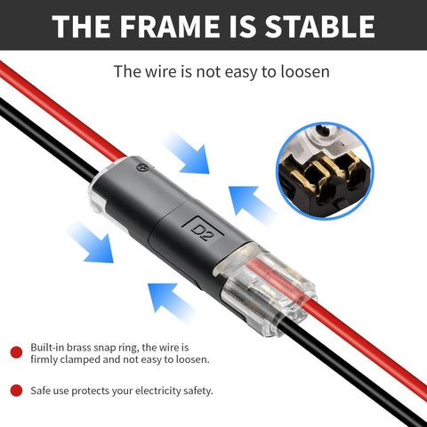 Two-pin quick-splice low-voltage wire connector; clear housing shows brass contacts with red and black wires
