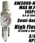 Three Eighth NPT Air Filter Regulator Combo With Water Separator and 5 Micron Brass Element in white, front view, gauge showing 0-135 PSI.