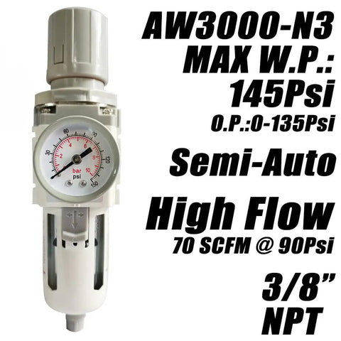 Three Eighth NPT Air Filter Regulator Combo With Water Separator and 5 Micron Brass Element in white, front view, gauge showing 0-135 PSI.