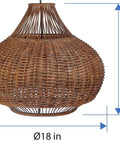Wicker Pear Pendant Light With Bamboo Ball Design, Rustic Modern Hanging Lamp, 18 by 15 inches, brown finish with measurement details