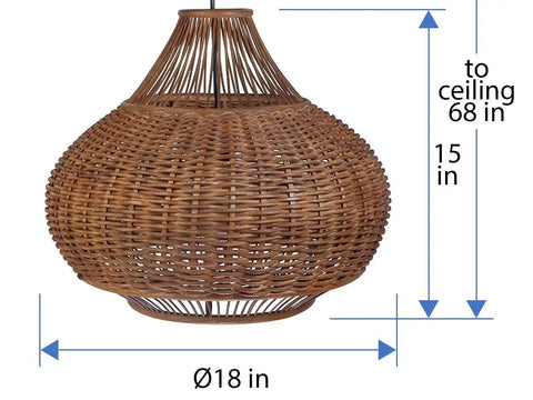 Wicker Pear Pendant Light With Bamboo Ball Design, Rustic Modern Hanging Lamp, 18 by 15 inches, brown finish with measurement details