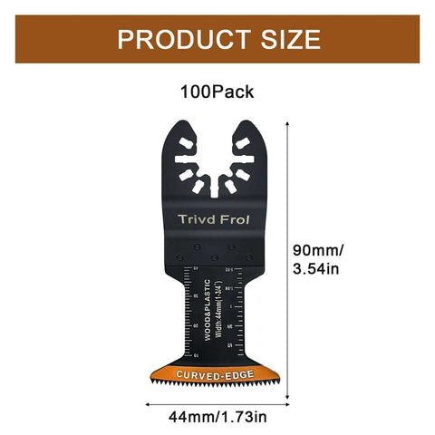 Front view of Trivd Frol curved-edge oscillating tool blades, universal fit, 90mm long, 44mm wide, 100-pack