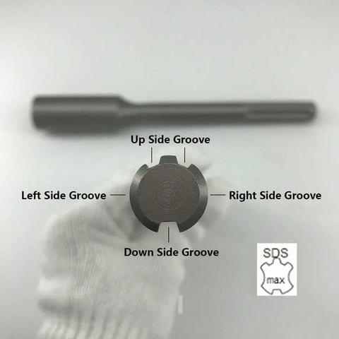 Pro Grade Ground Rod Driver for Five Eighth and Three Quarter Inch Rods with 18mm SDS Max Shank showing grooves and SDS Max logo