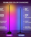Smart RGB Corner Floor Lamp With WiFi App Control Alexa And Google Assistant 16 Million Color Options Music Sync Scene Modes 63 Inch Tall LED Light comparison with another lamp highlighting features such as height and brightness.