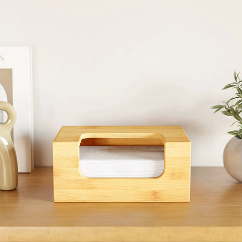 Bamboo Dryer Sheet Holder With Opening And Labels For Easy Laundry Room Organization on a wooden shelf in a farmhouse decor setting