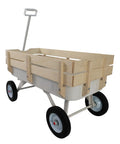 Beefy All Terrain Pull Wagon With Removable Wooden Side Panels And Solid Tires, Heavy Duty Yard And Garden Pull Along Wagon, 176 Lb Load Capacity, Foldable Long Handle For Easy Storage, White wagon side view