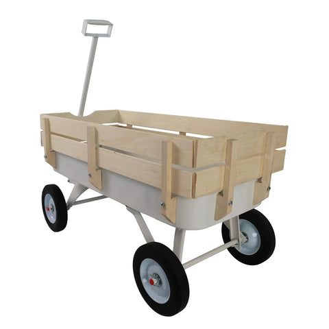 Beefy All Terrain Pull Wagon With Removable Wooden Side Panels And Solid Tires, Heavy Duty Yard And Garden Pull Along Wagon, 176 Lb Load Capacity, Foldable Long Handle For Easy Storage, White wagon side view