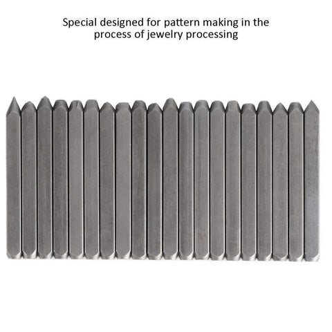 Metal Jewelry Anvil Chisel Kit With Punch Stamp Molds For Jewelry Making And Metal Carving Pro Grade Tools Set 20pcs shown in a row