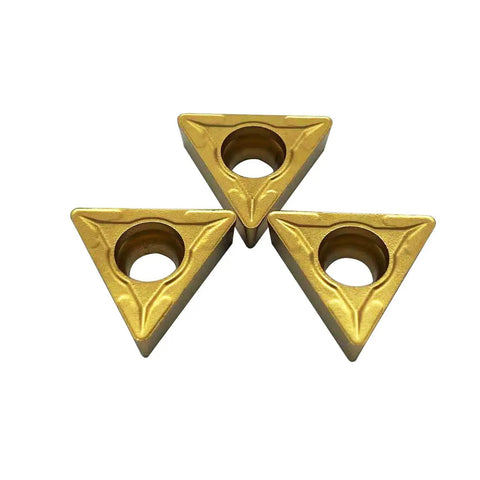 Gold Carbide Inserts For External Turning TCMT16T308 TCMT32.52 10 Piece Pack, showing three triangular CVD coated inserts