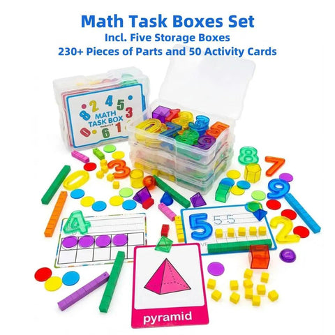 Colorful math task boxes including base ten blocks, number rods, ten frame counters, and activity cards for hands-on learning.
