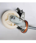 Heavy Duty 5 Inch Nylon Swivel Casters With Brakes And M20 Threaded Rod Mounts 4 Pack, featuring a steel reinforced wheel and brake lever.
