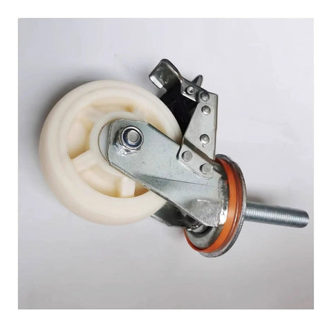 Heavy Duty 5 Inch Nylon Swivel Casters With Brakes And M20 Threaded Rod Mounts 4 Pack, featuring a steel reinforced wheel and brake lever.