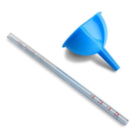 Top Shelf Stainless Steel Jewelry Steam Cleaner 2.2 Liter Tank with a blue funnel and measuring tube for easy filling.