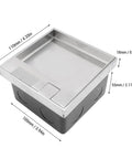Concealed Recessed Floor Electrical Outlet Kit With Slick Push To Open Cover Plate For No Sweat Home Power Access In Kitchens Offices Or Basements Heavy Duty Construction And Easy Does It Setup, stainless steel outlet kit dimensions shown.