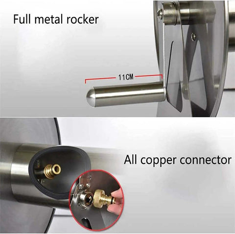Heavy Duty Stainless Steel Garden Hose Reel With Included 35 Meter Hose, showing full metal rocker and all copper connector.