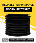 Coiled black Beefy Welding Lead And Car Battery Cable Copper Wire For DIY Bulk Automotive Use 600 Volt 2/0 AWG on yellow background.