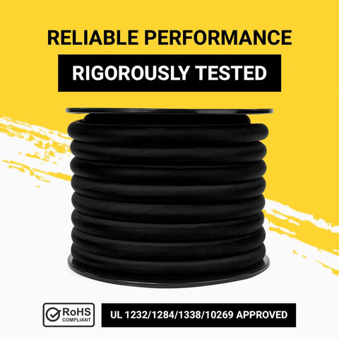 Coiled black Beefy Welding Lead And Car Battery Cable Copper Wire For DIY Bulk Automotive Use 600 Volt 2/0 AWG on yellow background.